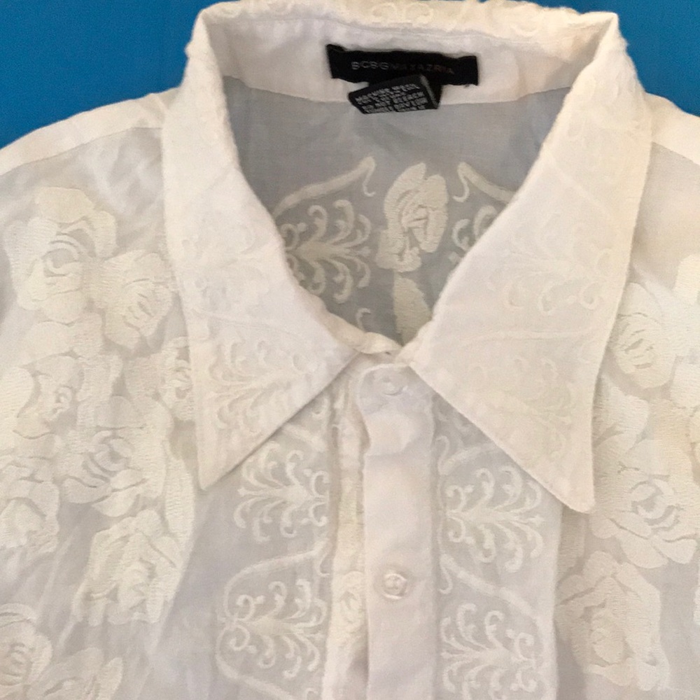 White floral embroidered button down shirt
